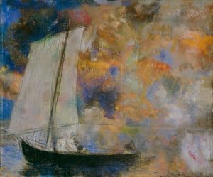 Flower Clouds, a painting of a yacht against a colourful sky by Odilon Redon